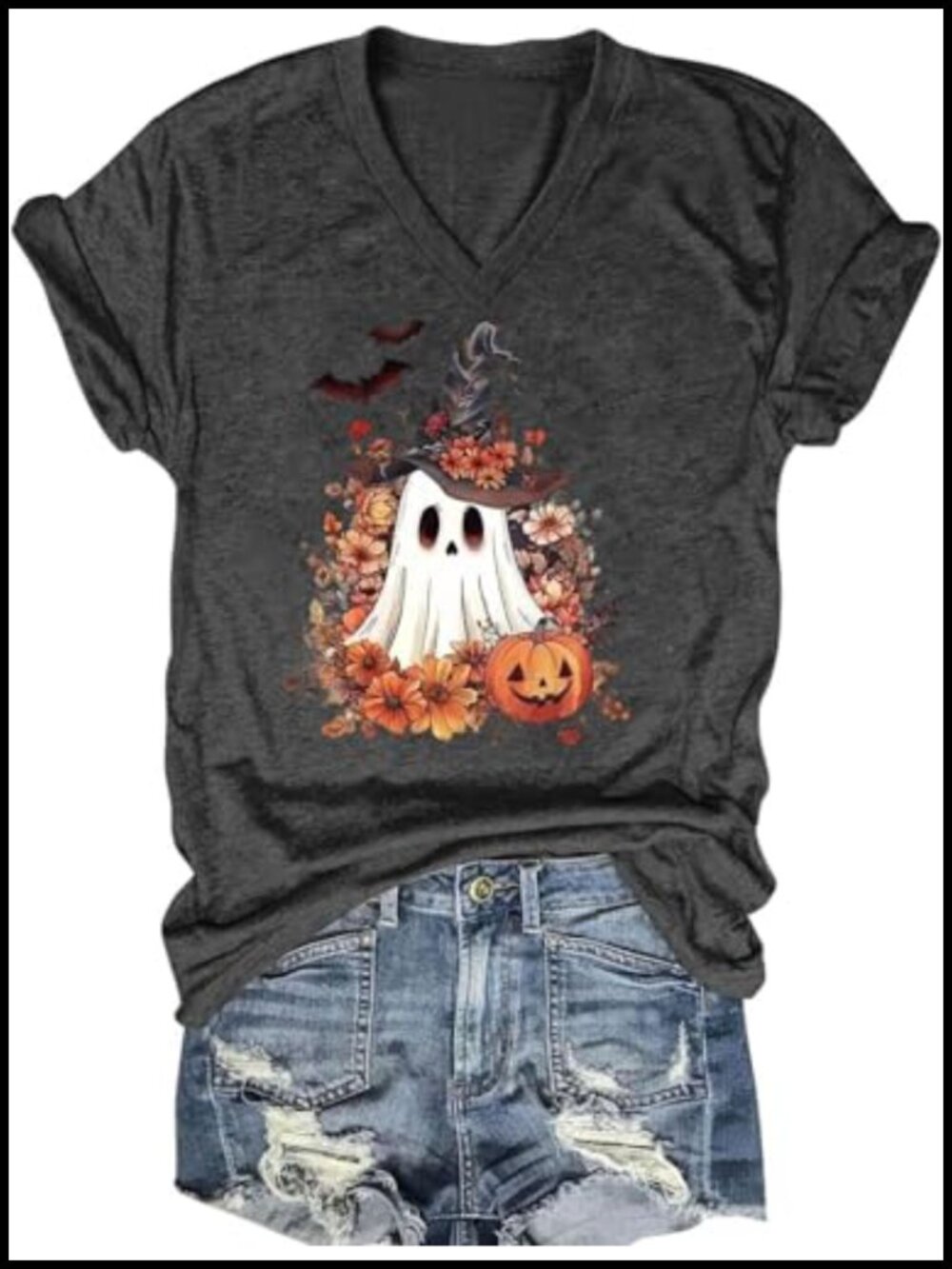 Women's Halloween Graphic V-Neck T-Shirt Funny Pumpkin Ghost Tee Fall Pullover
